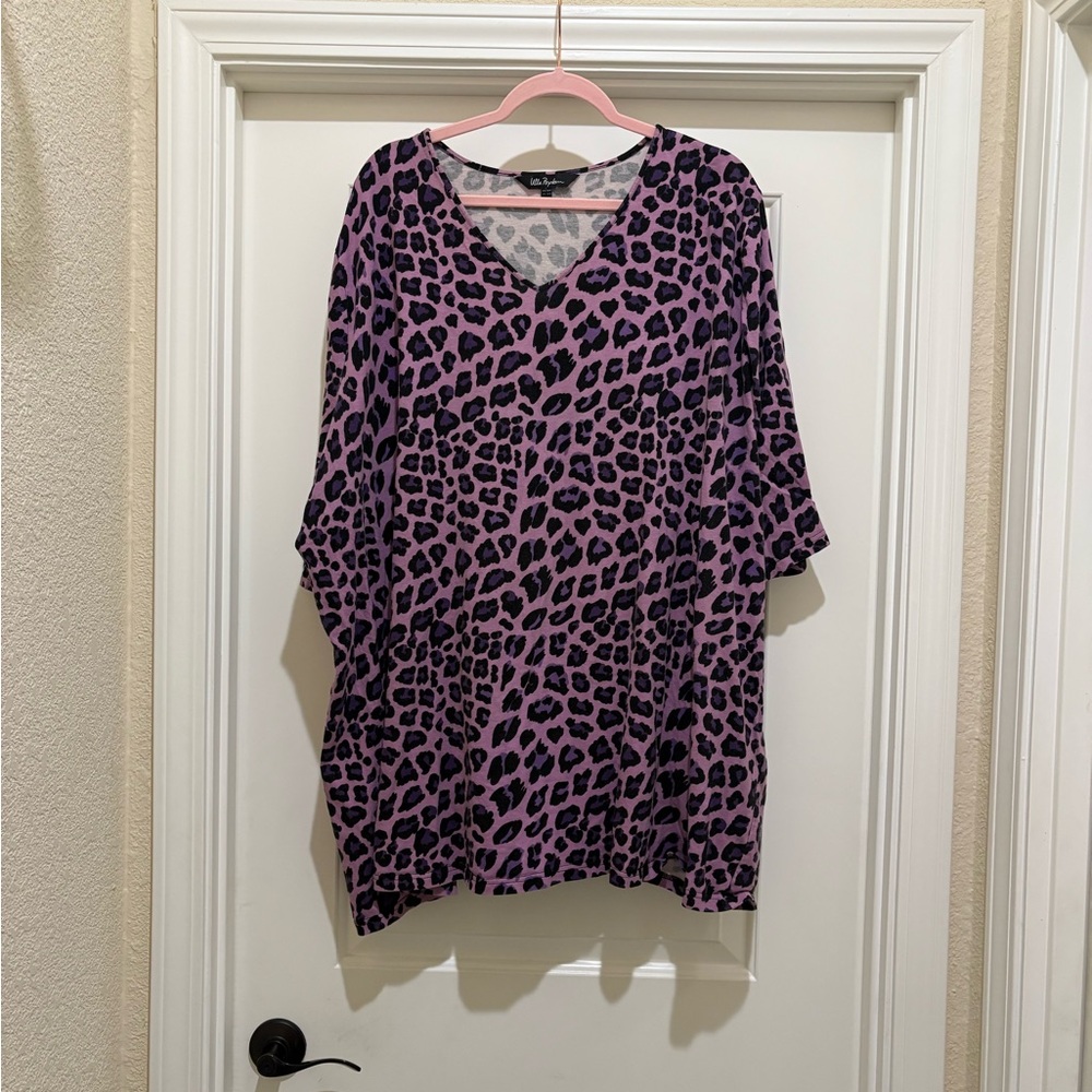 Ulla Popken Purple Leopard Print V Neck Top